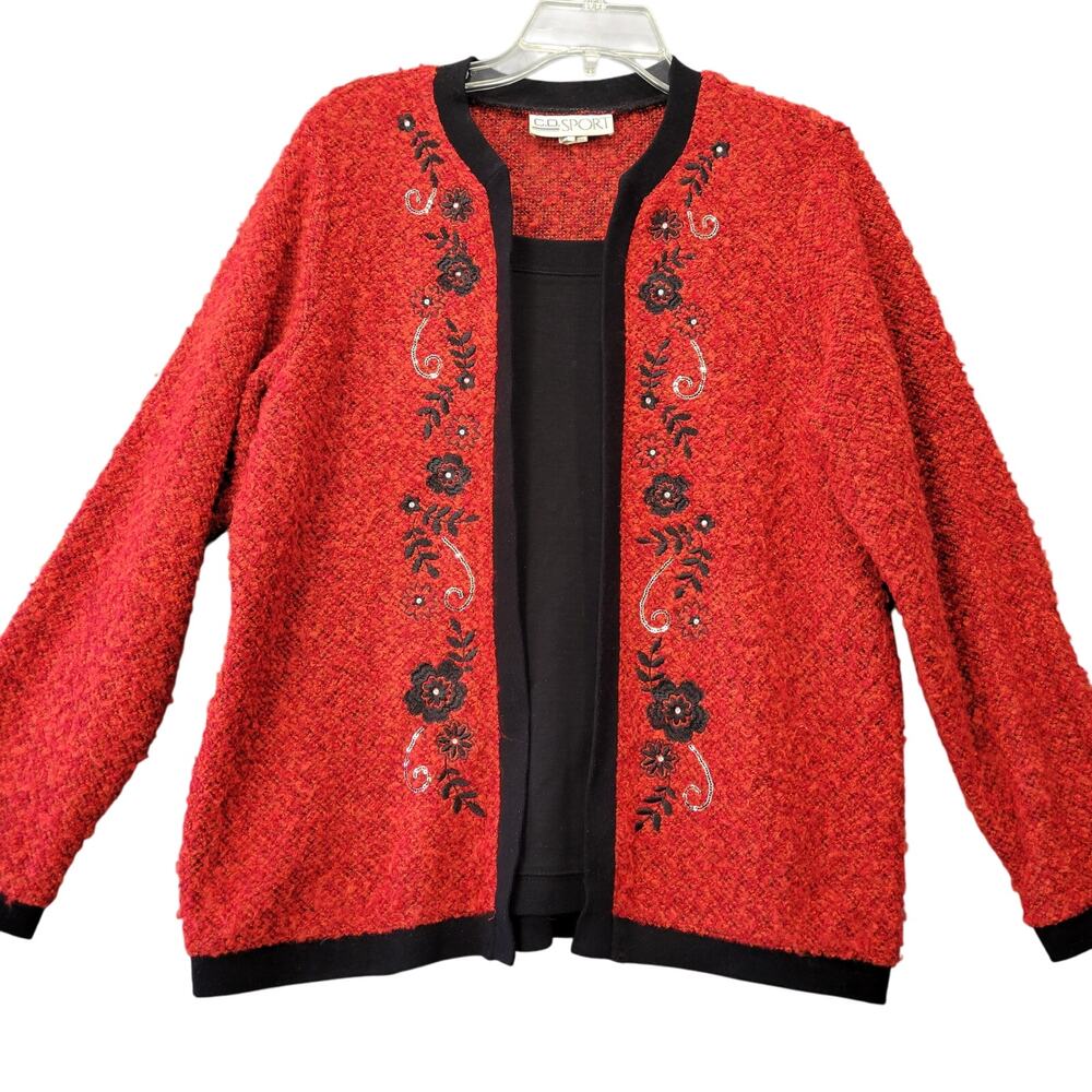 C.D. Sport Long Sleeve Embroidered Sweater Women's Large Red Black Trim Layered